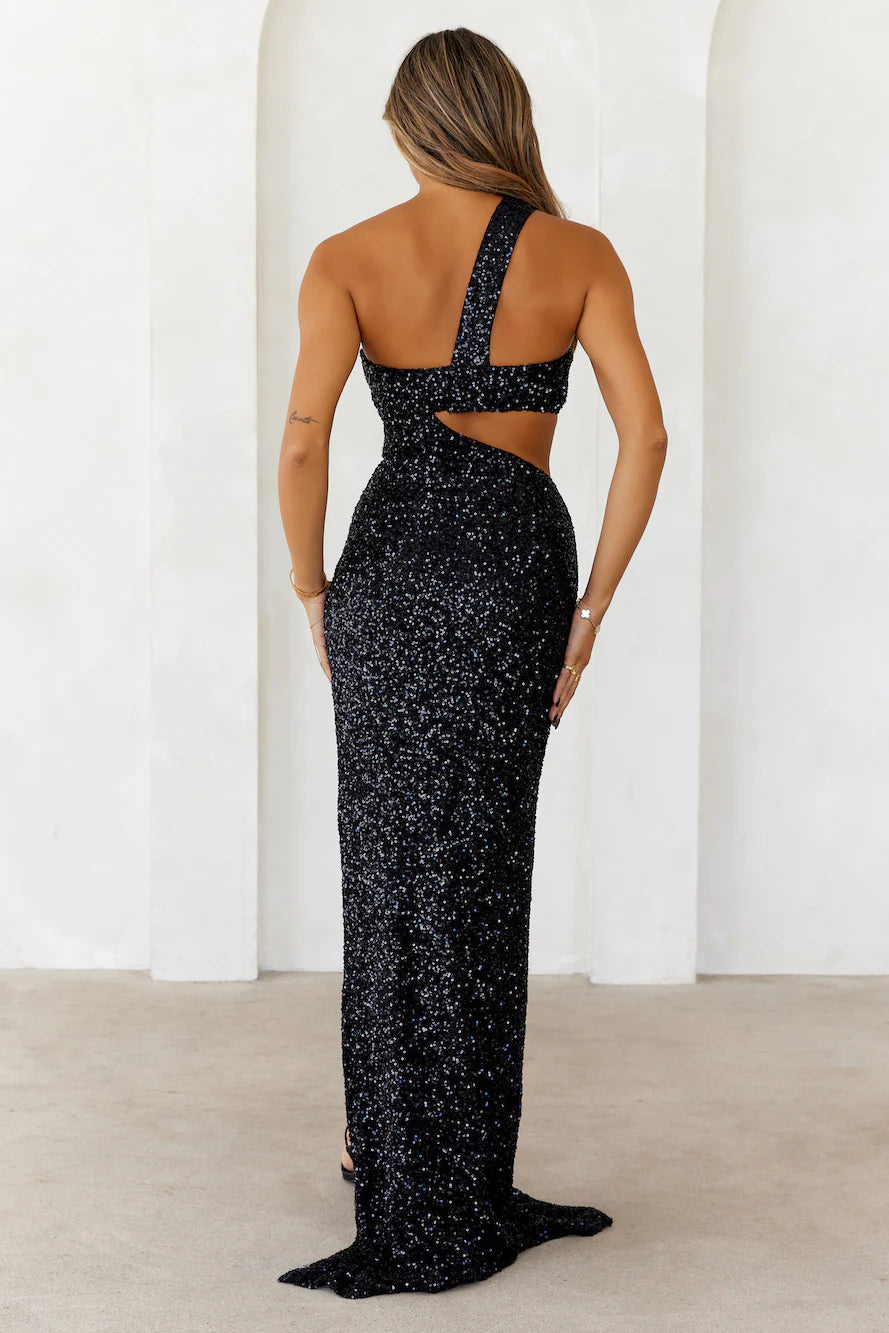 Black Sequin One-Shoulder Cutout Slit Maxi Evening Dresses