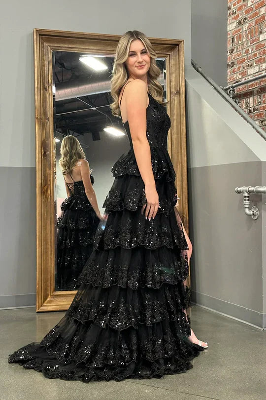 Black Sequin One-Shoulder Tiered Ruffle Prom Dress with Lace-Up Back