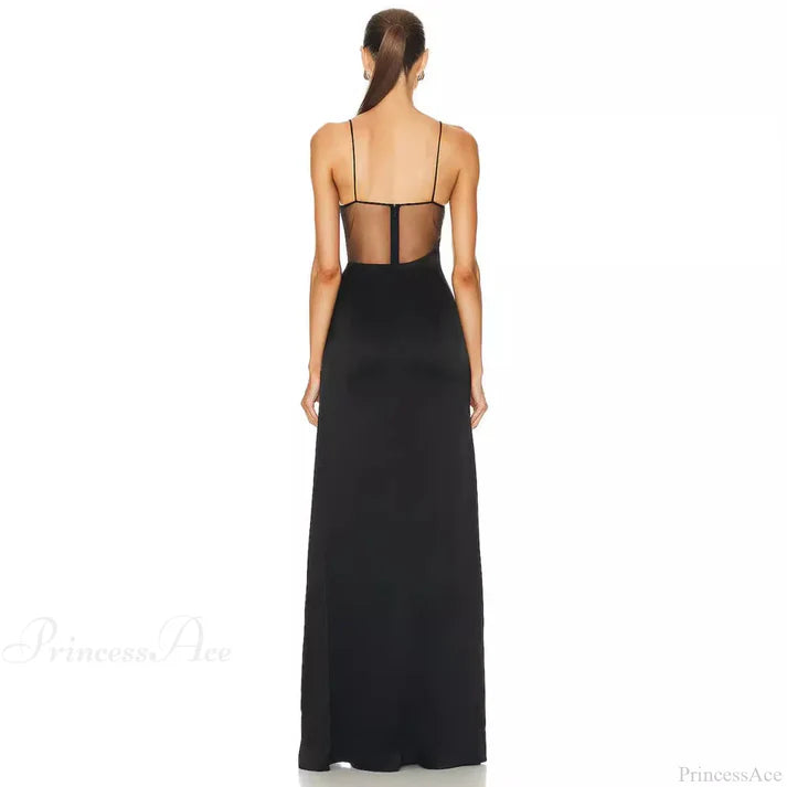 Black Sheer Mesh Insert Starfish Embellished High Slit Maxi Evening Dresses