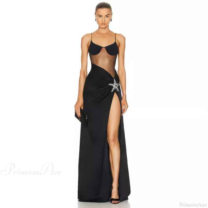 Black Sheer Mesh Insert Starfish Embellished High Slit Maxi Evening Dresses