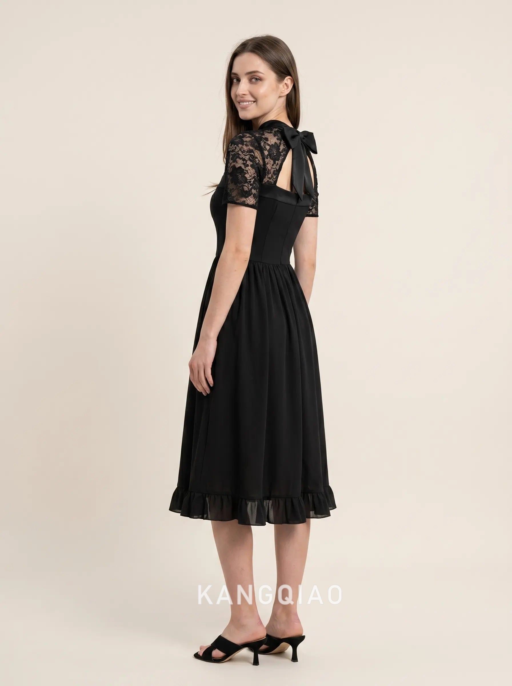 Black Short Sleeve Lace Neckline Bow Accent A Line Chiffon Ruffle Hem Midi Formal Evening Prom Dress