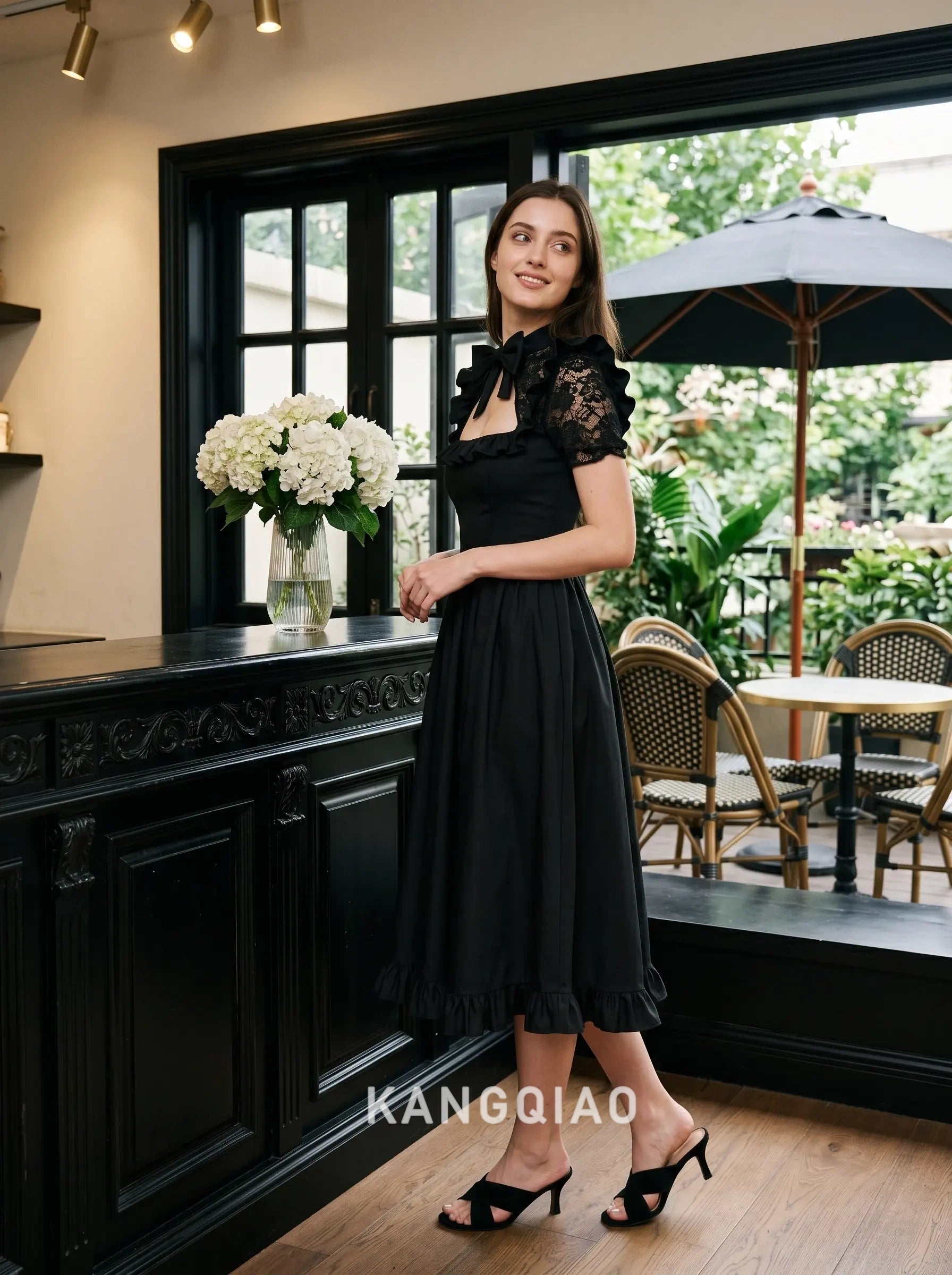 Black Short Sleeve Lace Neckline Bow Accent A Line Chiffon Ruffle Hem Midi Formal Evening Prom Dress