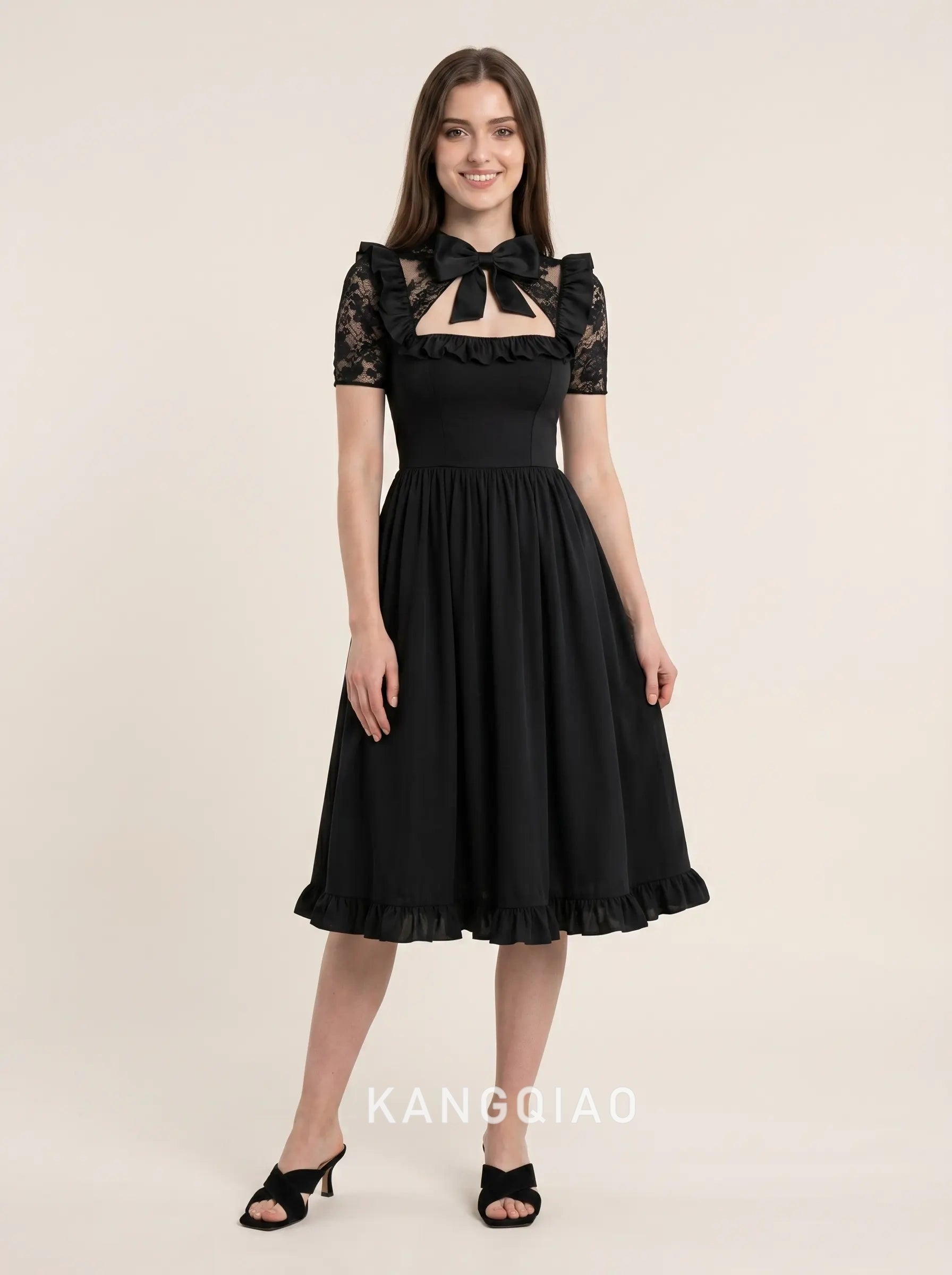 Black Short Sleeve Lace Neckline Bow Accent A Line Chiffon Ruffle Hem Midi Formal Evening Prom Dress