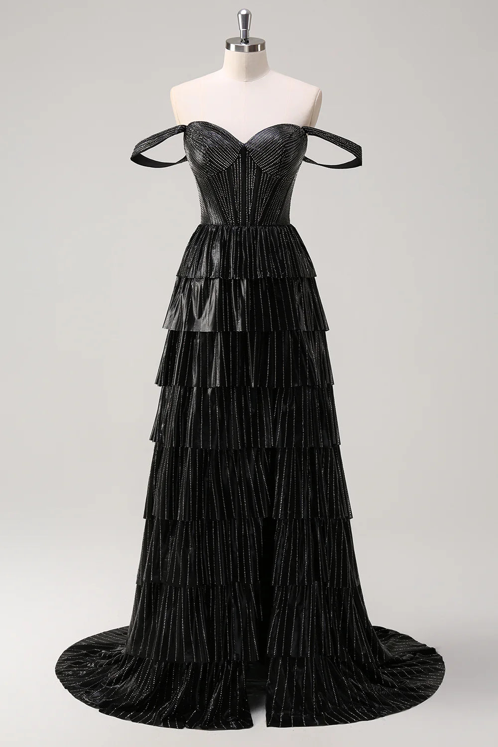 Black Silver A Line Off The Shoulder Tiered Long Prom Dress With Beading