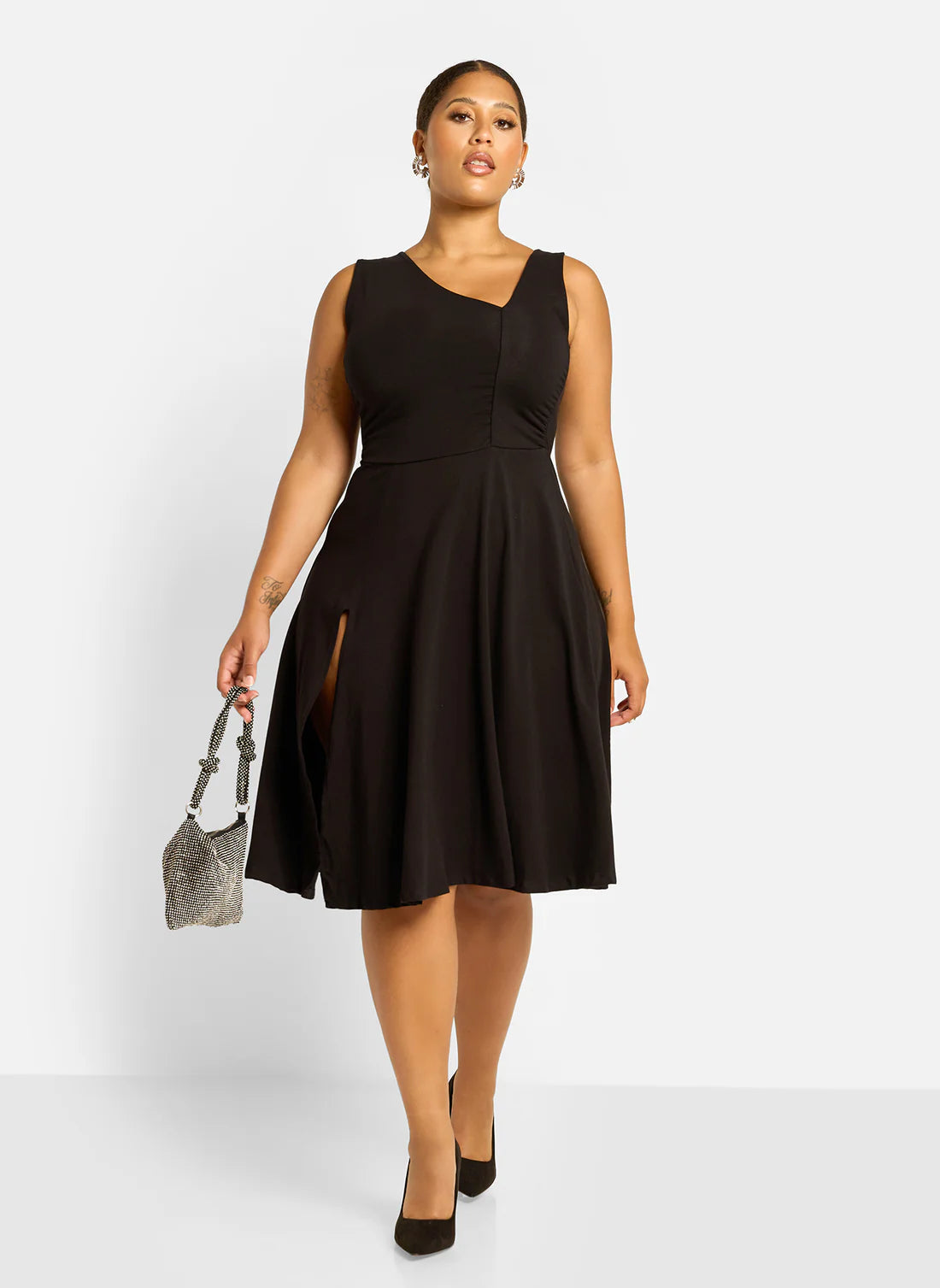 Black Sleeveless Asymmetrical Neck Slit Midi Evening Dresses