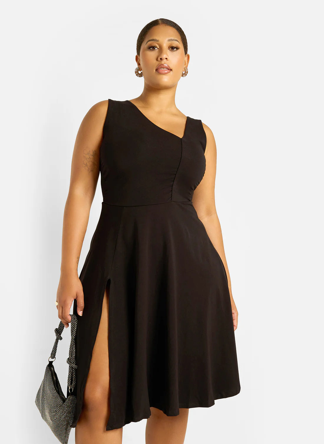Black Sleeveless Asymmetrical Neck Slit Midi Evening Dresses
