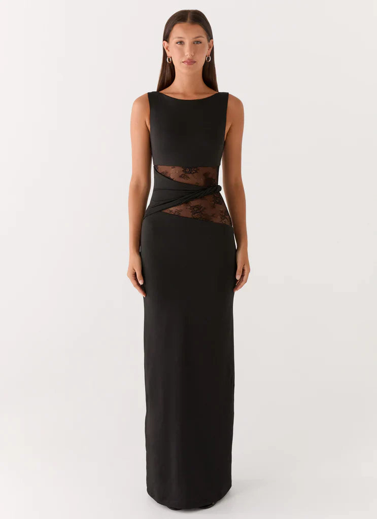 Black Sleeveless Lace Cutout Twist Maxi Prom Dress For Elegant Formal Evening Events