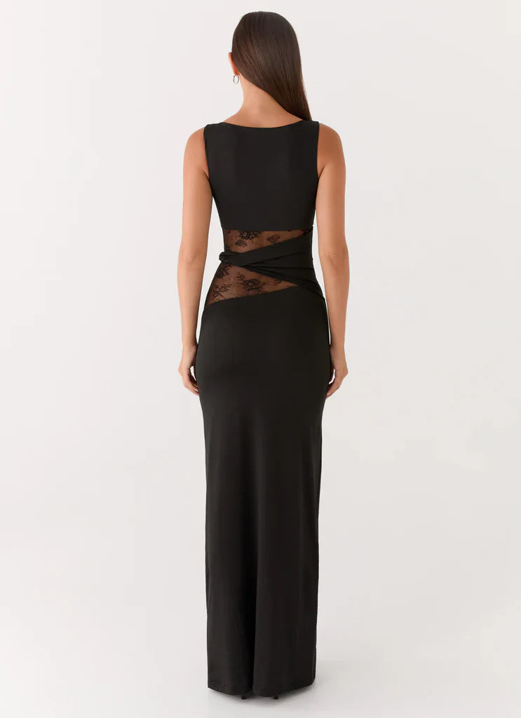 Black Sleeveless Lace Cutout Twist Maxi Prom Dress For Elegant Formal Evening Events