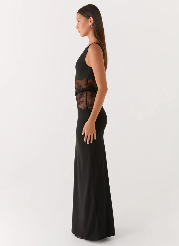 Black Sleeveless Lace Cutout Twist Maxi Prom Dress For Elegant Formal Evening Events