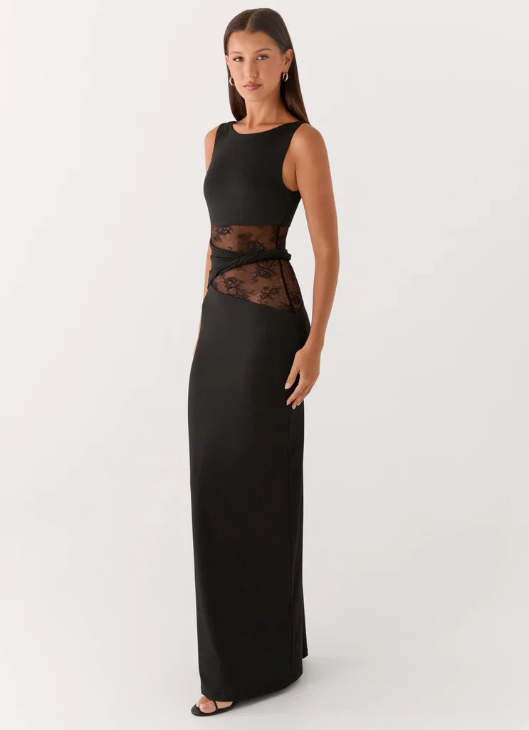 Black Sleeveless Lace Cutout Twist Maxi Prom Dress For Elegant Formal Evening Events