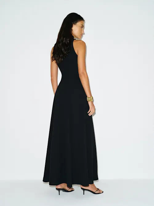 Black Sleeveless Turtleneck Structured A-Line Maxi Prom Dress