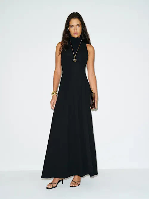 Black Sleeveless Turtleneck Structured A-Line Maxi Prom Dress