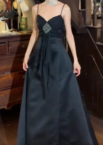 Black Spaghetti Strap Lace-Up Back Rhinestone Embellished A-Line Maxi Evening Dresses