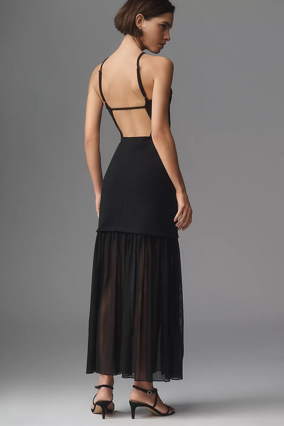 Black Spaghetti Strap Square Neckline Open Back Chiffon Tiered Maxi Evening Dresses