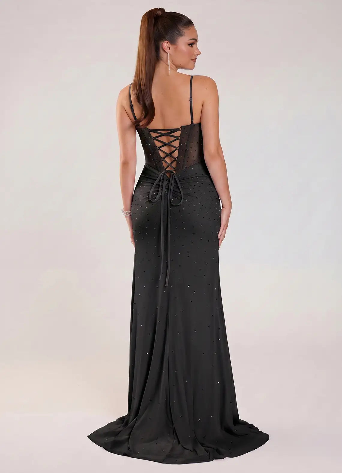 Black Sparkle Spaghetti Strap Mermaid Evening Dress with Corset Back
