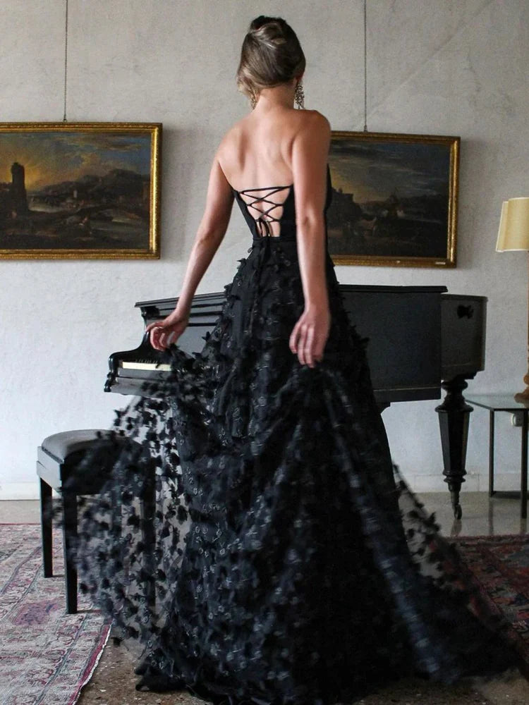 Black Strapless 3D Floral Tulle Evening Dresses