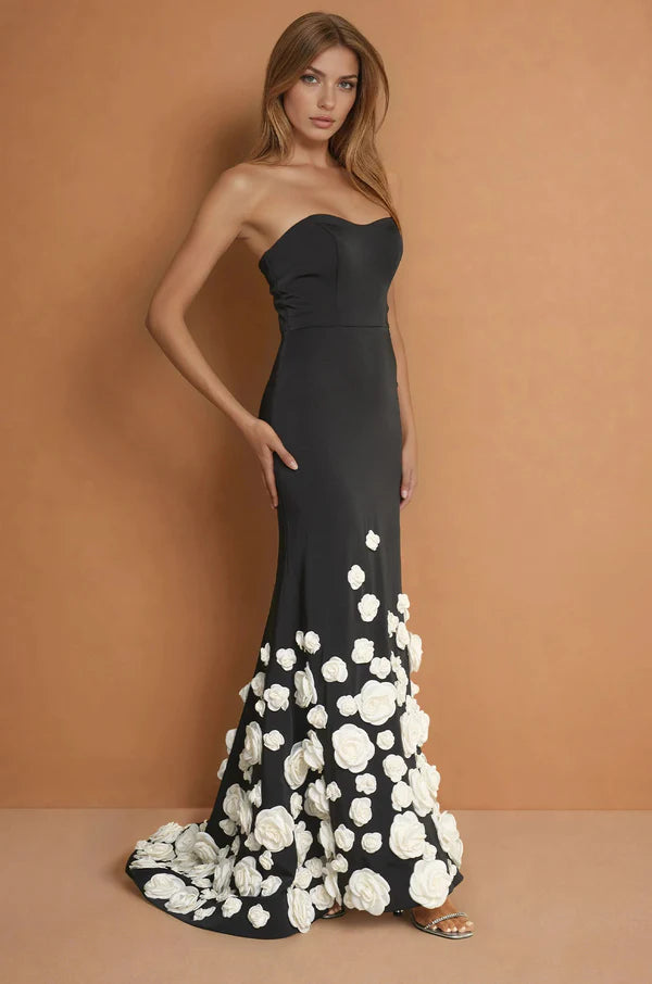 Black Strapless 3D White Floral Mermaid Train Maxi Evening Dresses