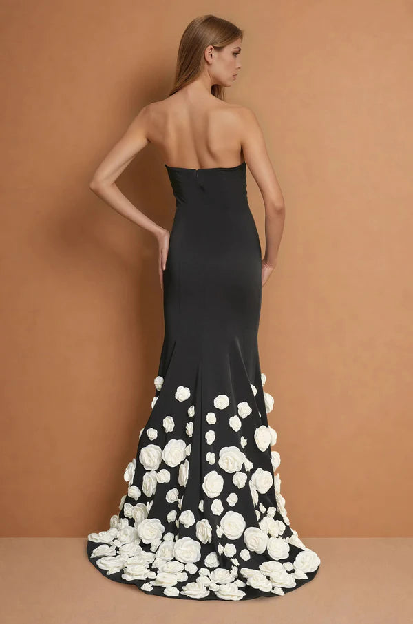 Black Strapless 3D White Floral Mermaid Train Maxi Evening Dresses