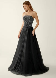 Black Strapless Beaded Lace Up Back Tulle Ball Gown Maxi Evening Dresses