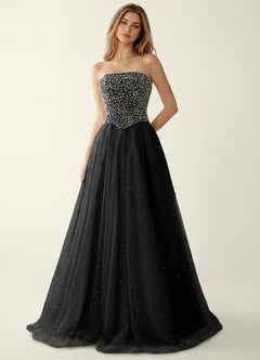 Black Strapless Beaded Lace Up Back Tulle Ball Gown Maxi Evening Dresses