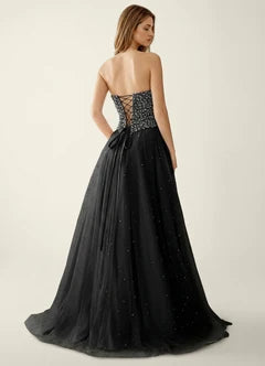 Black Strapless Beaded Lace Up Back Tulle Ball Gown Maxi Evening Dresses