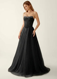 Black Strapless Beaded Two-Piece Tulle Ball Gown Maxi Evening Dresses