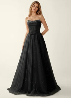Black Strapless Beaded Two-Piece Tulle Ball Gown Maxi Evening Dresses