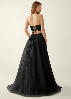 Black Strapless Beaded Two-Piece Tulle Ball Gown Maxi Evening Dresses