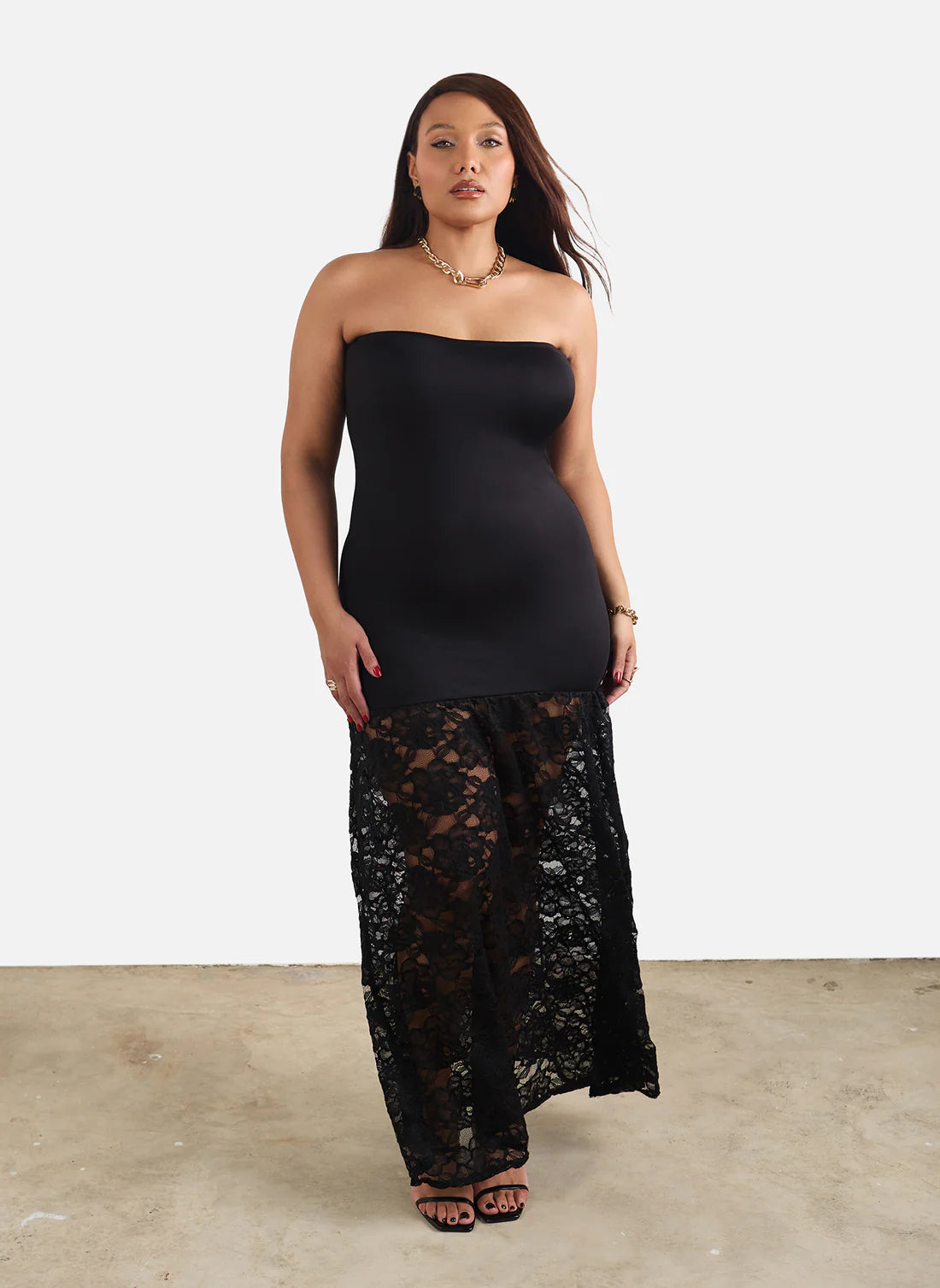 Black Strapless Bodycon Lace Trim Maxi Evening Dresses