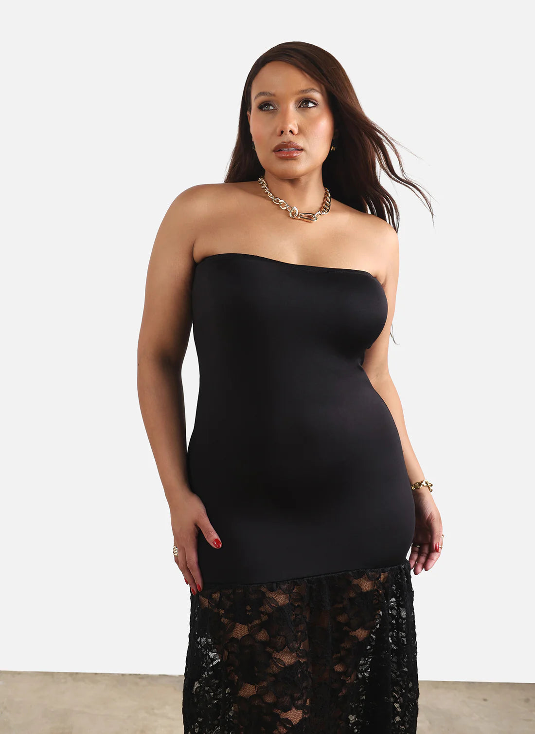 Black Strapless Bodycon Lace Trim Maxi Evening Dresses