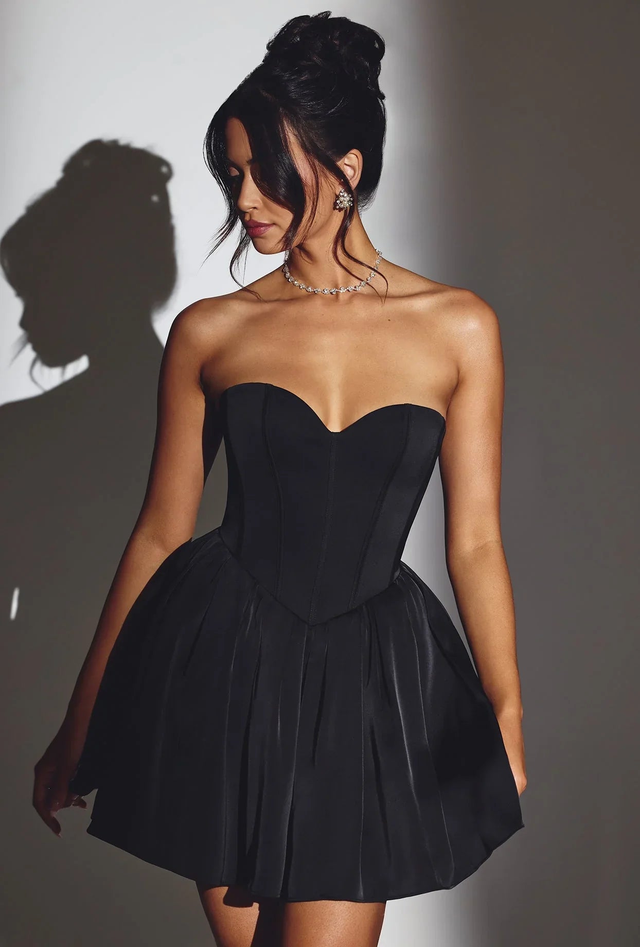 Black Strapless Corset Mini Dress with Lace-Up Back and Flared Skirt Prom Dress