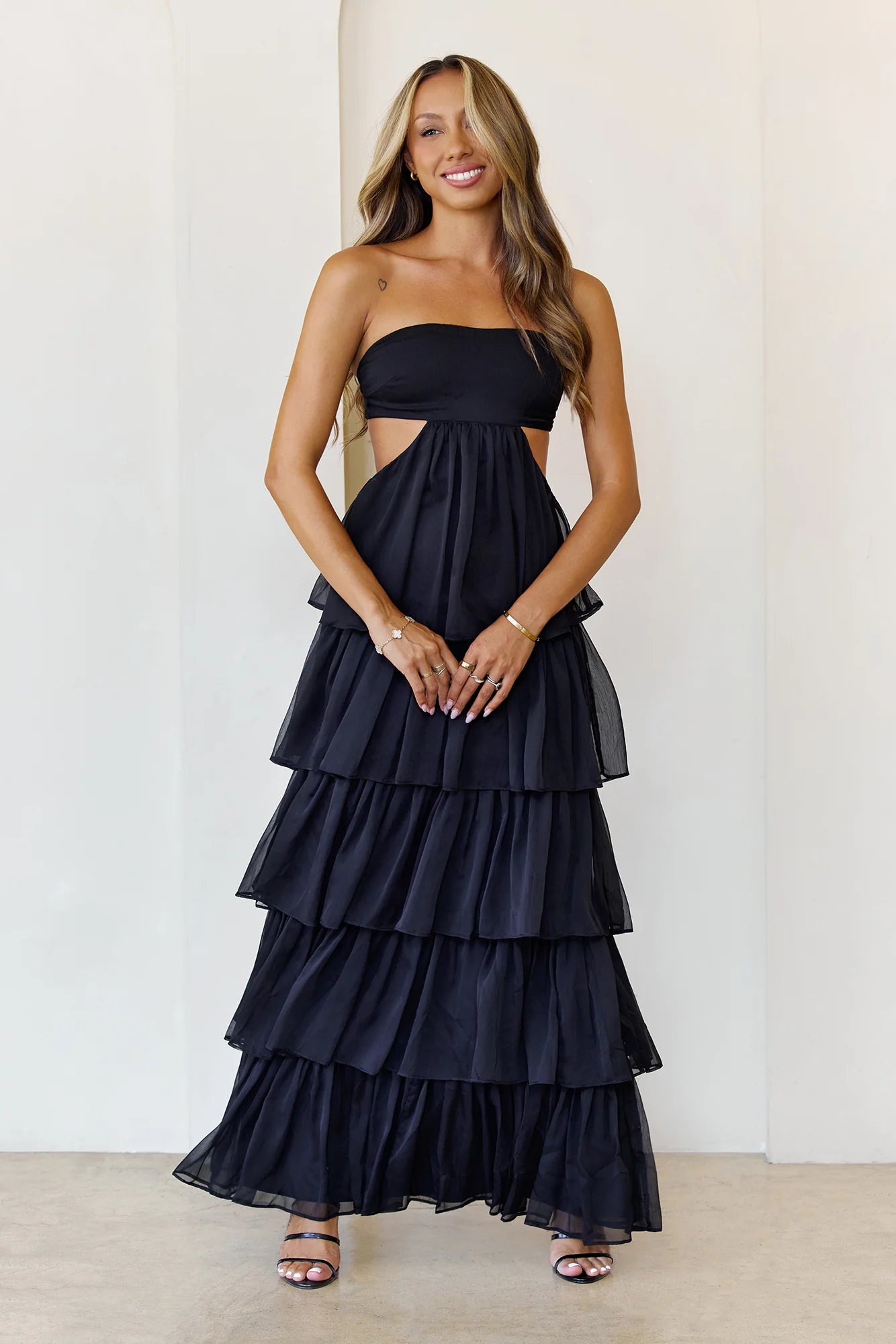 Black Strapless Cutout Tiered Ruffle Maxi Evening Dresses