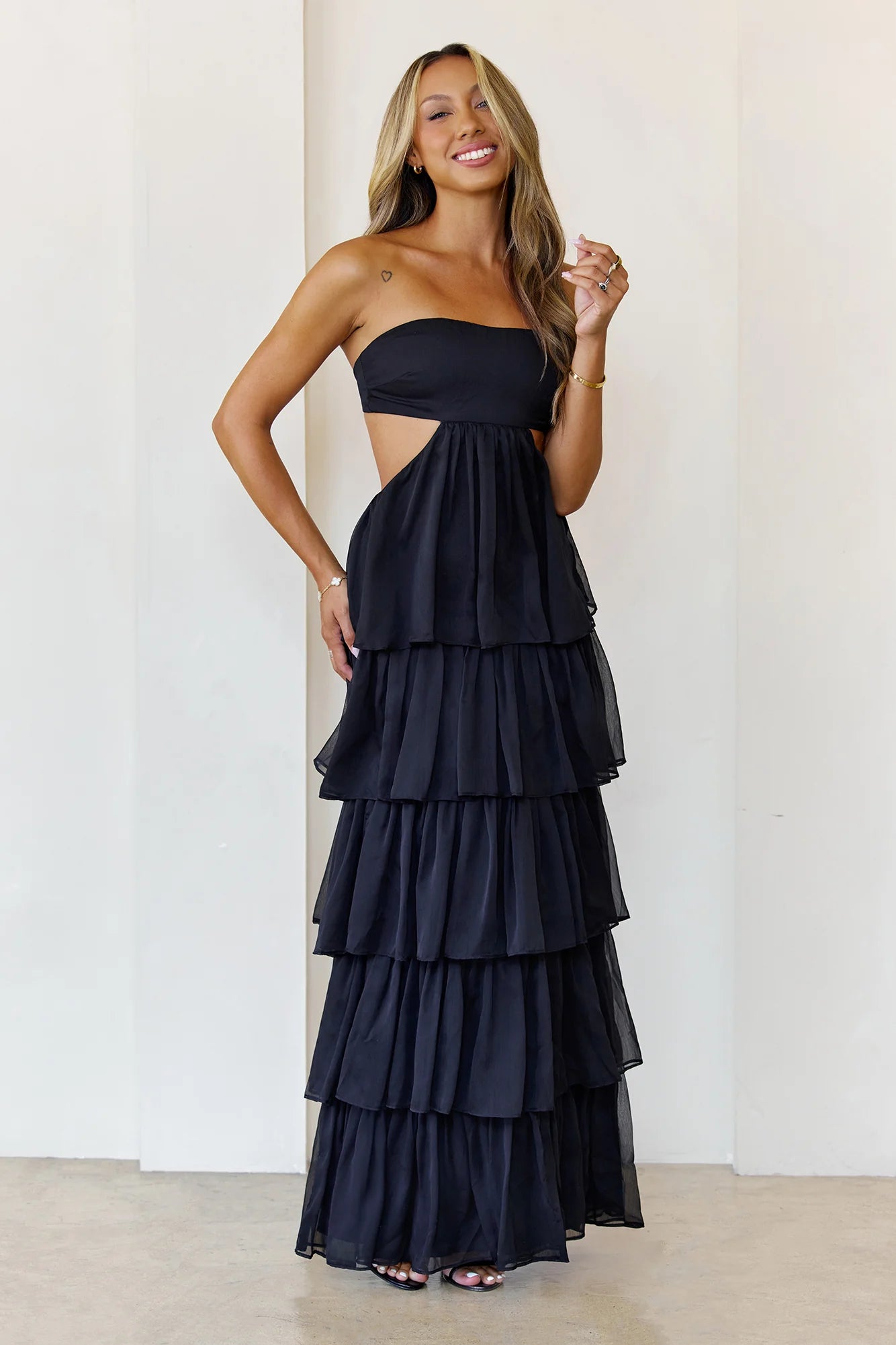 Black Strapless Cutout Tiered Ruffle Maxi Evening Dresses