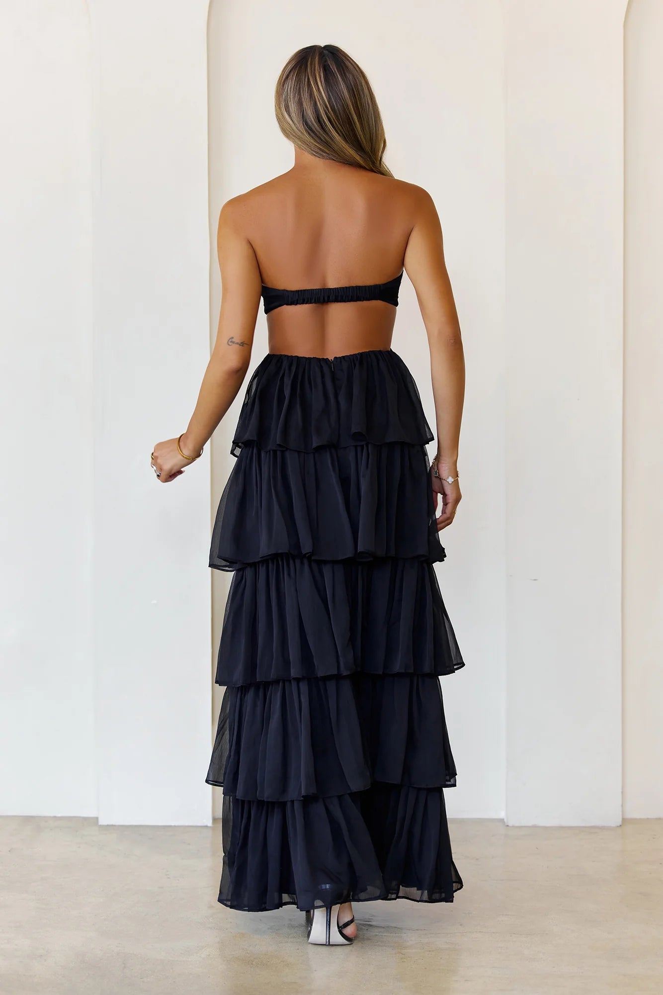 Black Strapless Cutout Tiered Ruffle Maxi Evening Dresses