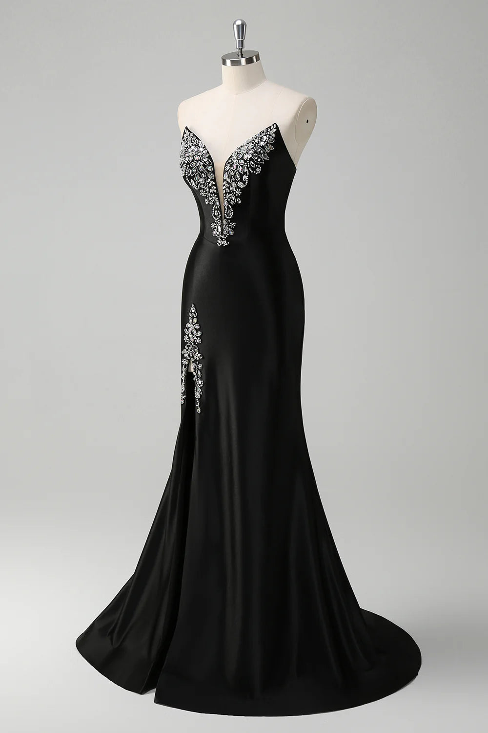 Black Strapless Deep V-Neck Beaded Satin Mermaid Evening Dresses