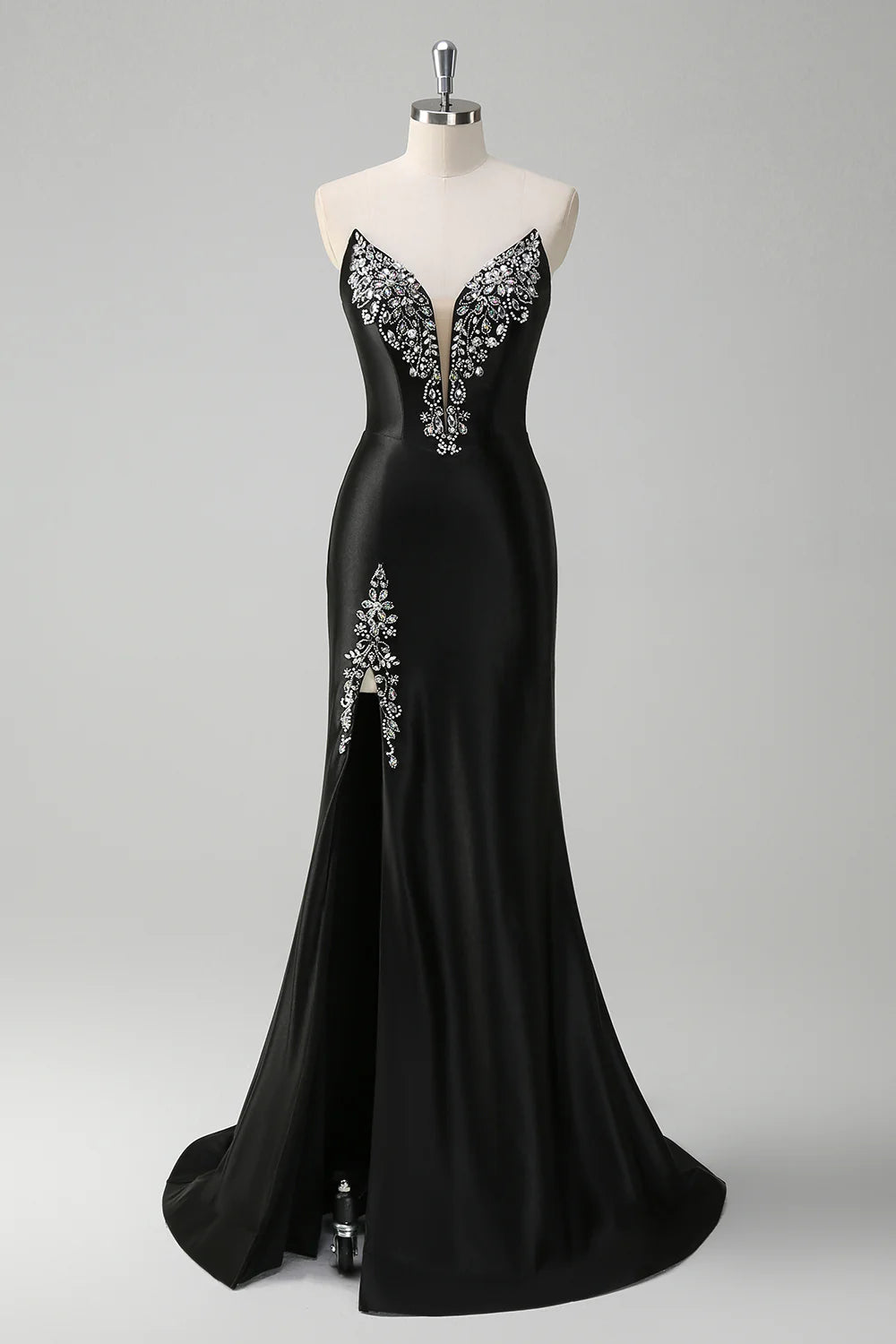 Black Strapless Deep V-Neck Beaded Satin Mermaid Evening Dresses