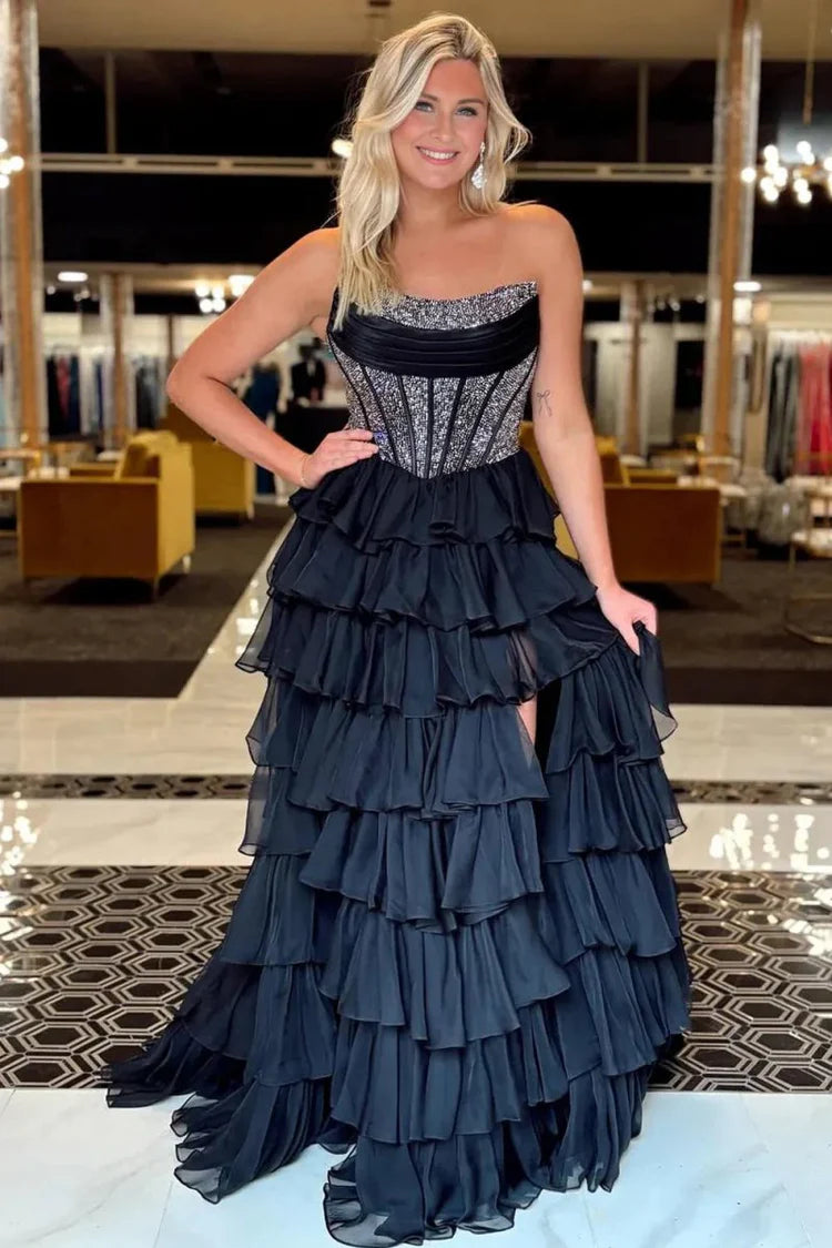 Black Strapless Glitter Corset Lace Up Back Ruffle Tiered High Slit Maxi Evening Dresses