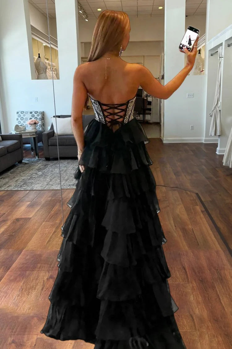 Black Strapless Glitter Corset Lace Up Back Ruffle Tiered High Slit Maxi Evening Dresses
