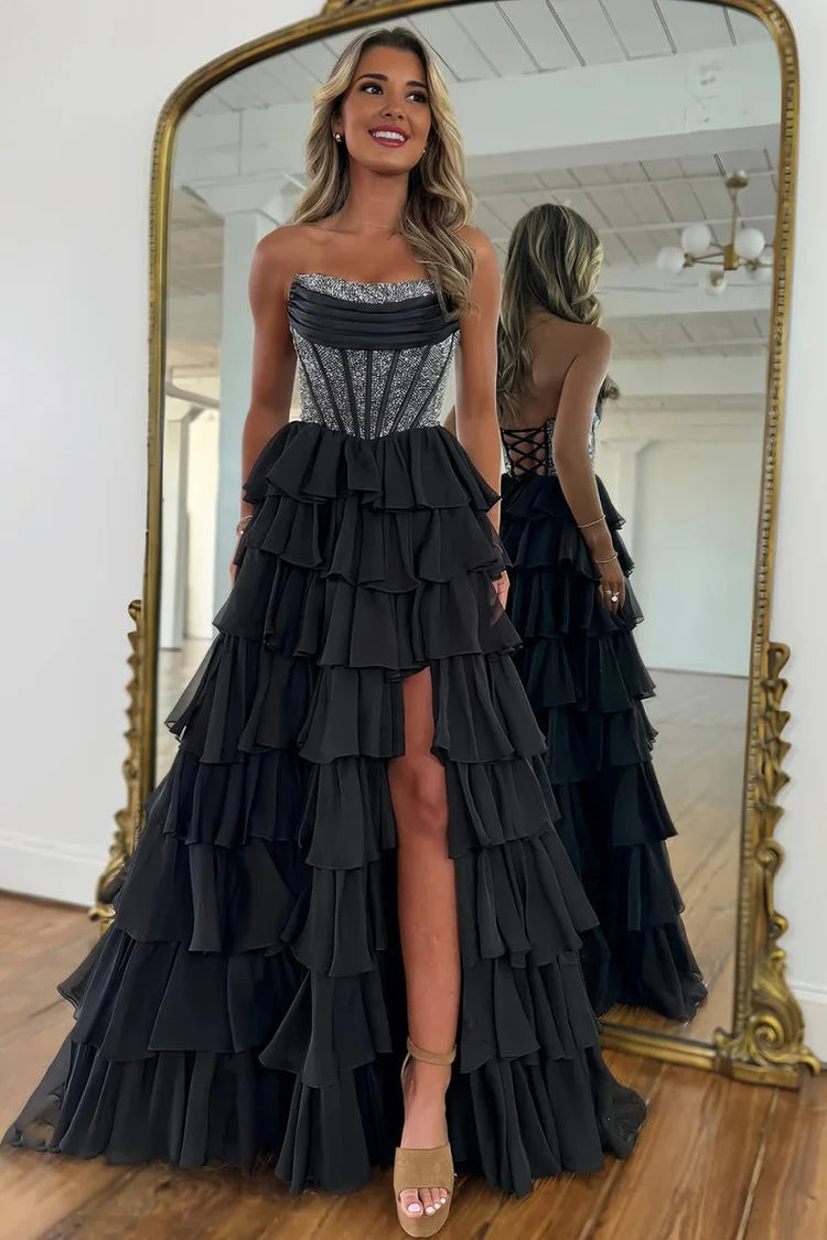 Black Strapless Glitter Corset Lace Up Back Ruffle Tiered High Slit Maxi Evening Dresses