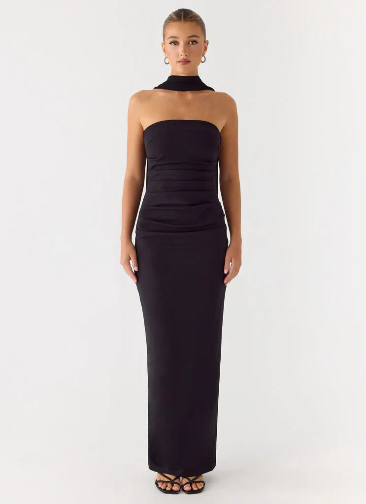 Black Strapless Halter Neck Ruched Maxi Evening Prom Dress For Elegant Formal Evening Events