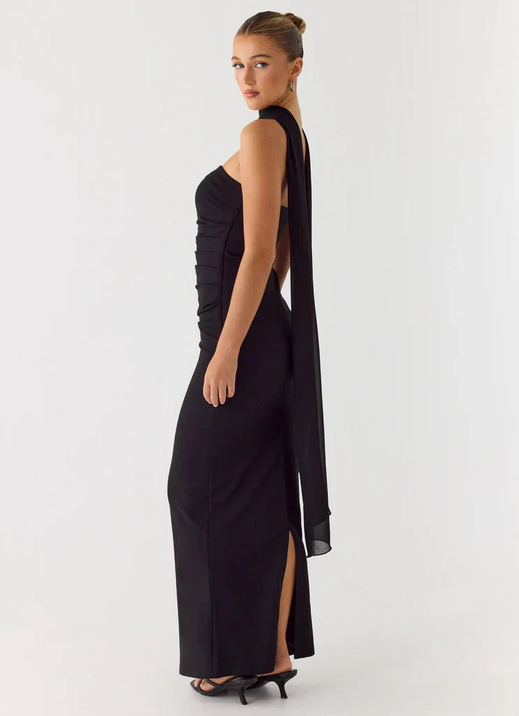 Black Strapless Halter Neck Ruched Maxi Evening Prom Dress For Elegant Formal Evening Events