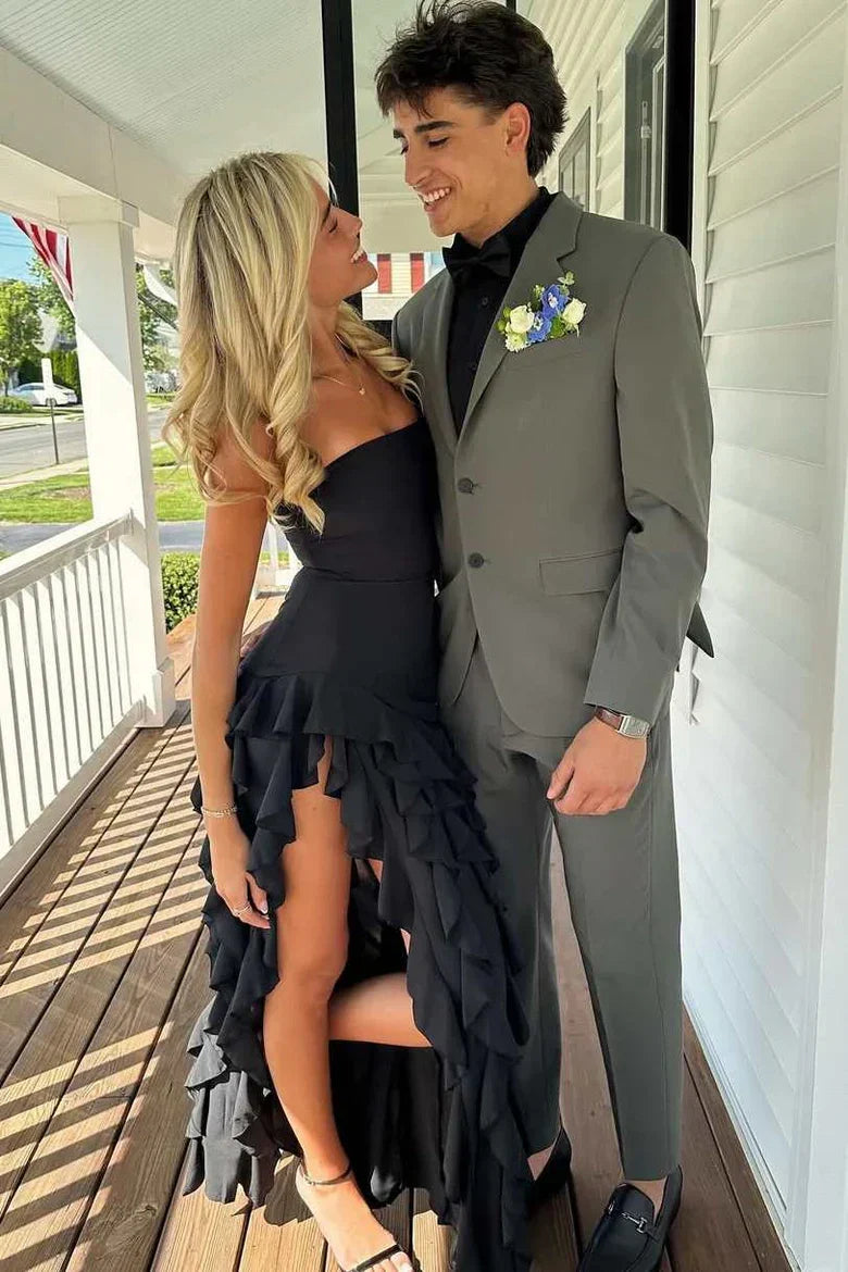 Black Strapless High-Low Ruffle Maxi Prom Dress with Side Slit For Events
