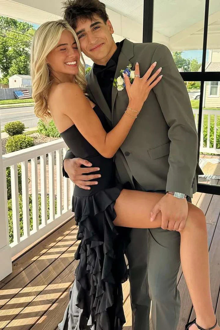 Black Strapless High-Low Ruffle Maxi Prom Dress with Side Slit For Events