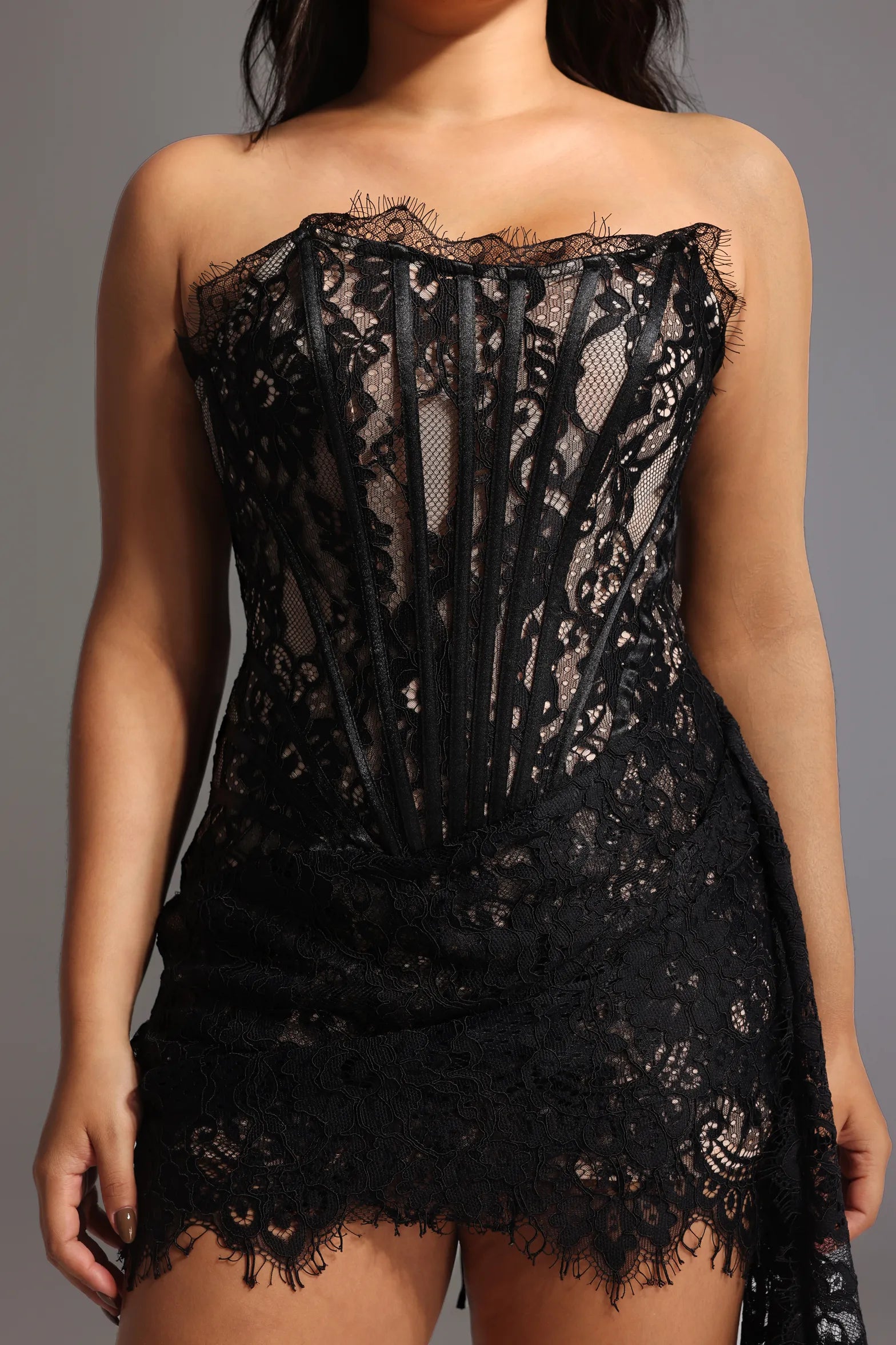 Black Strapless Lace Corset Lace-Up Back Bodycon Mini Evening Dresses