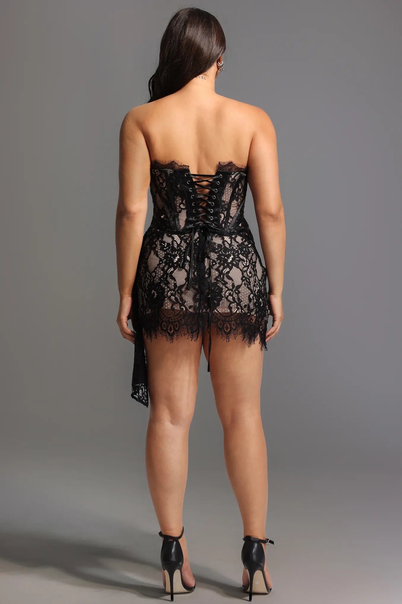 Black Strapless Lace Corset Lace-Up Back Bodycon Mini Evening Dresses