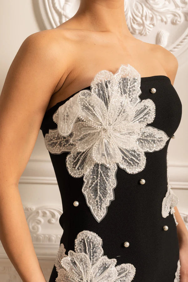 Black Strapless Lace Floral Homecoming Dresses