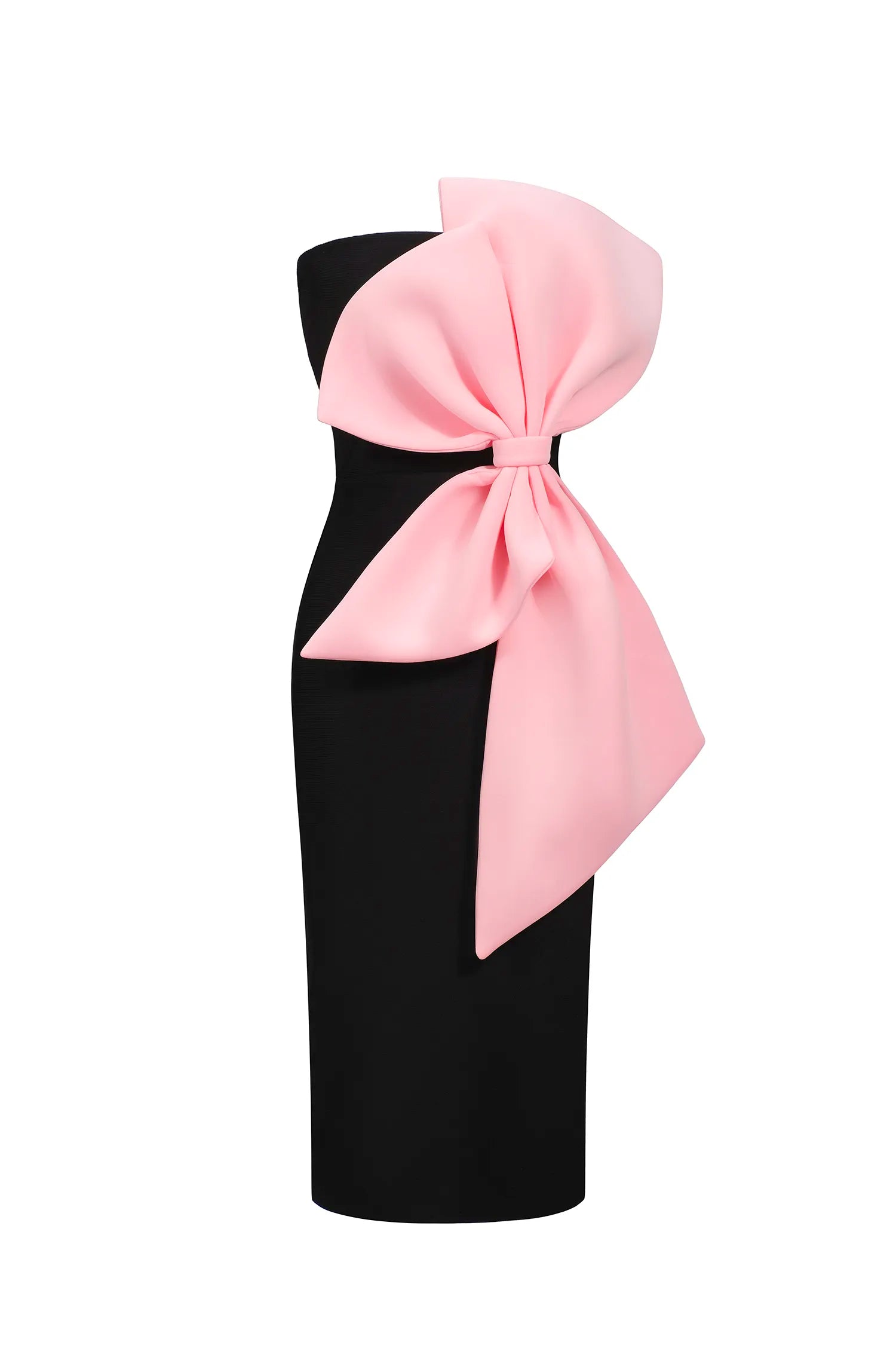Black Strapless Pink Oversized Bow Detail Bandage Midi Evening Dresses
