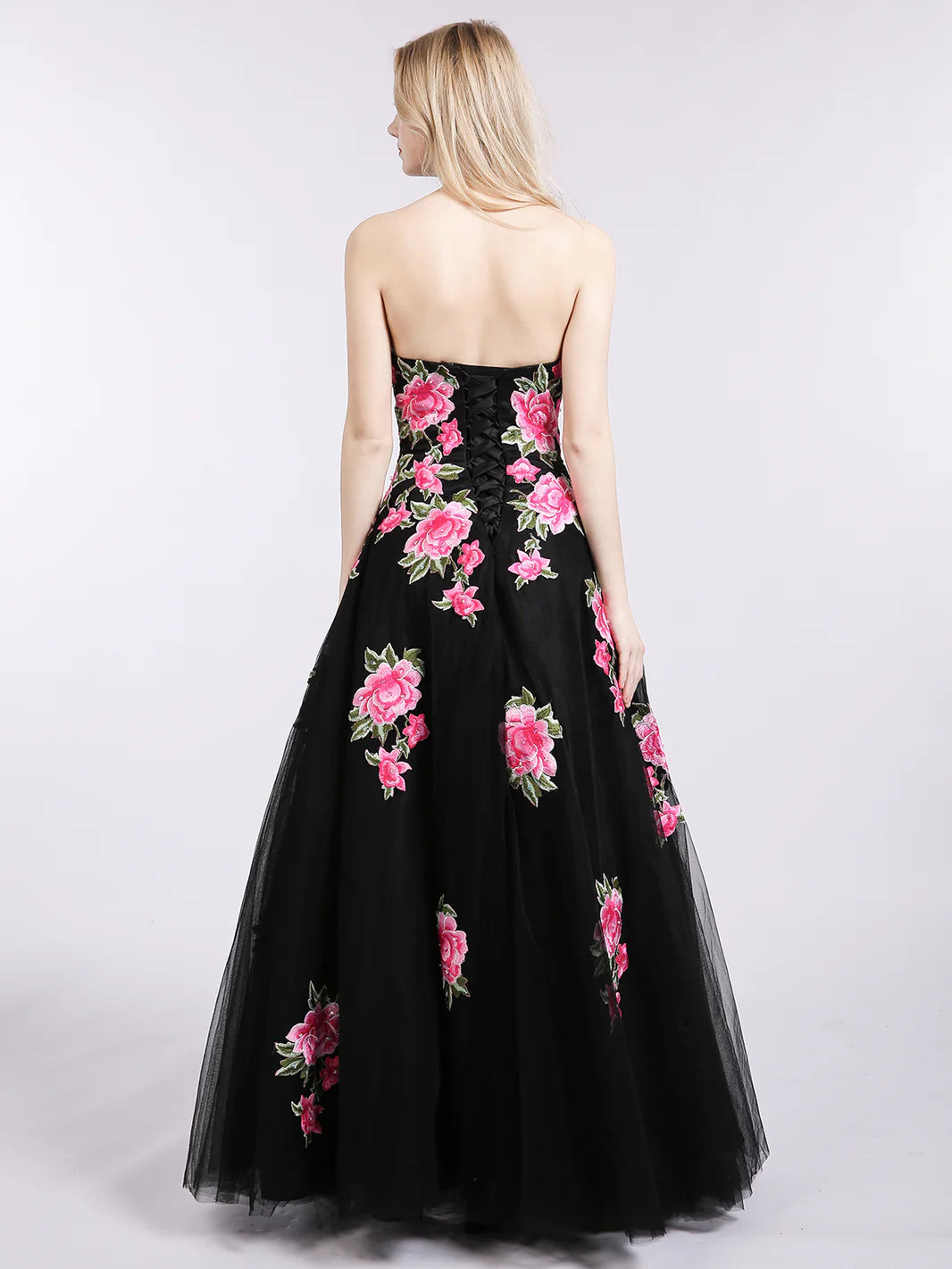 Black Strapless Rose Embroidered Tulle Maxi Evening Dresses