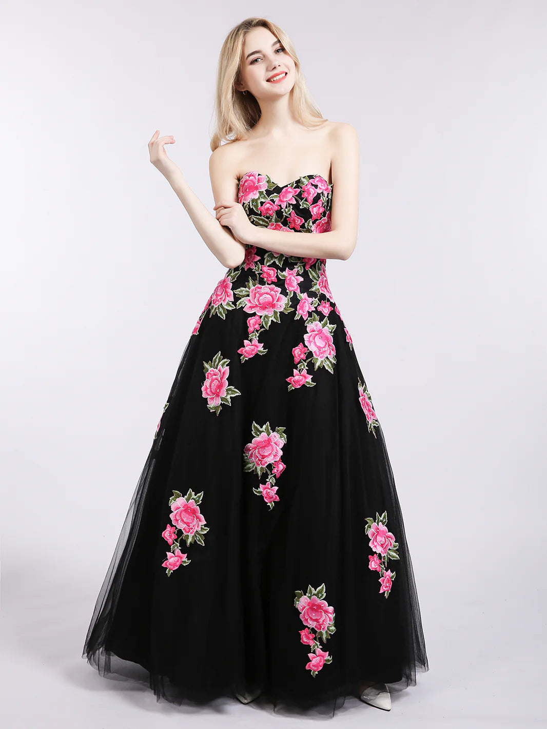 Black Strapless Rose Embroidered Tulle Maxi Evening Dresses