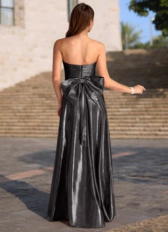 Black Strapless Ruched Bodice Bow Back A-Line Evening Dresses